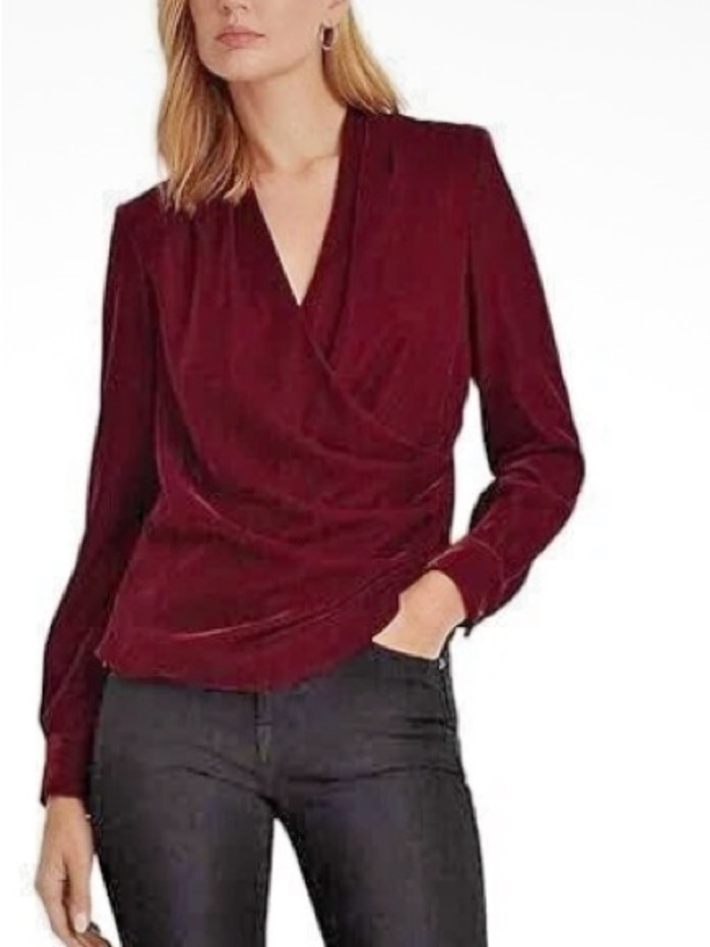 Ralph Lauren Velvet Draped Long-Sleeve Top - Wine Red